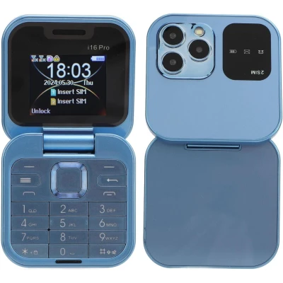 Telemóvel i16 Pro dobrável multilingue com ecrã duplo, lanterna LED, câmara HD e bateria de longa duração
