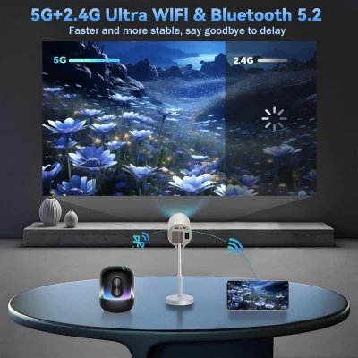 Projetor inteligente sem fio com Wi-Fi + Bluetooth e cabeça ajustável...