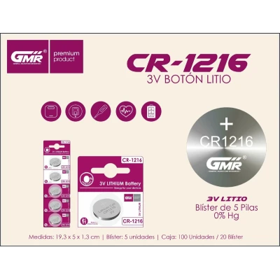 Pila Botón GMR CR1216 3V Litio Blíster 5 Unidades