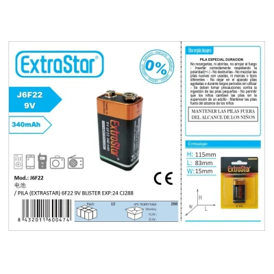 Pila ExtraStar 9V J6F22 340mAh Blister para Mayoristas