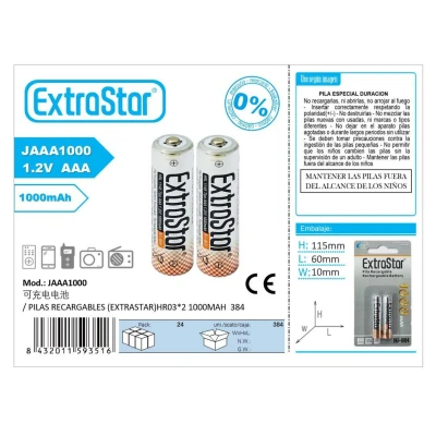 Piles rechargeables (Extrastar) HR03*2 1000mAh 384 Vente en gros | M2TE...