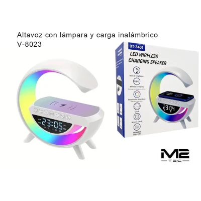 Coluna Bluetooth 5.3 BT-3401 com LED e carregamento sem fios 15W para telemóvel