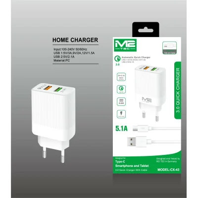 Cargador Rápido 5.1A 2 USB QC 3.0 con Cable Type-C V-6306