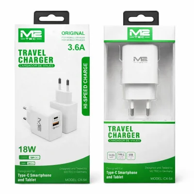 Cargador M2TEC 18W 3.6A Dual USB-C y USB-A CX-54