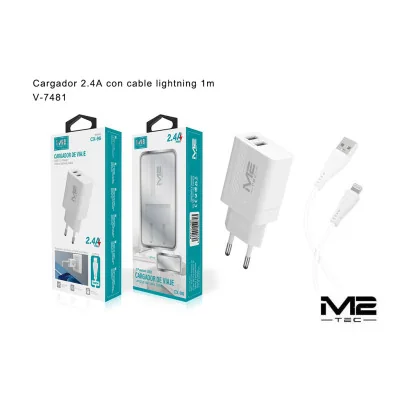 Cargador M2-TEC Dual USB 2.4A + Cable Lightning 1m V-7481