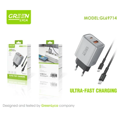Cargador 20W USB-C PD + USB-A QC 3.0 con Cable | GL69714
