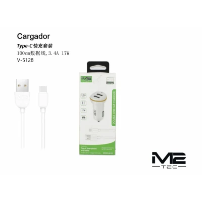 Cargador Coche Doble USB 3.4A 17W con Cable Tipo-C V-5128