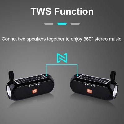 Coluna portátil sem fios, Bluetooth 5.3, potência de 8W x 2, bateria de 1200mAh com painel solar, TG-182