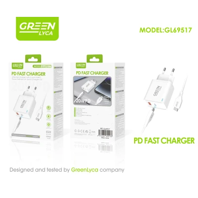 Chargeur 20W A+C avec Câble USB-C 100CM, Charge Rapide, Green Lyca GL69517