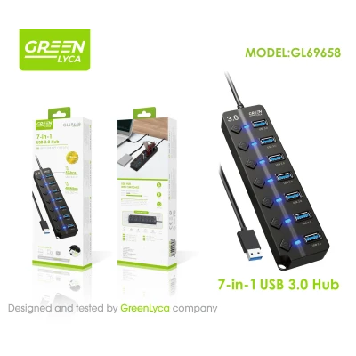 Hub USB 7 en 1 avec interrupteurs marche/arrêt, 1 port USB 3.0, 6 port