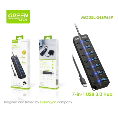 Hub USB-C 7 em 1 com interruptores liga/desliga, 1 porta USB 3.0, 6 portas USB 2.2...