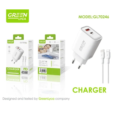 Carregador rápido PD USB-C + USB-A de 45 W com cabo Lightning — Verde Ly...