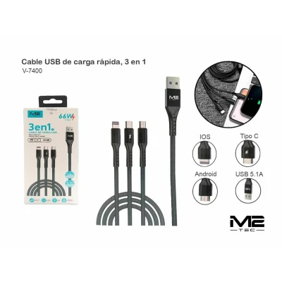 Cable 3 en 1 M2-TEC 66W 5.1A 120cm V-7400