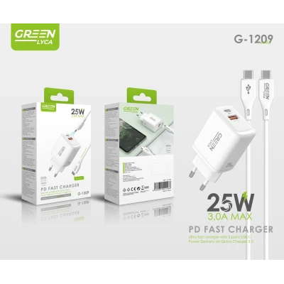 Cargador 25W PD + QC 3.0 con Cable USB-C | Green Lyca G-1209