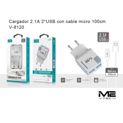 Cargador Doble USB 2.1A con Cable Micro 100cm V-8120
