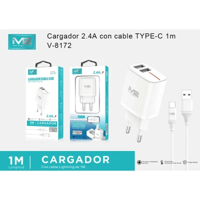 Cargador Doble USB 2.4A M2TEC V-8172 con Cable USB-C
