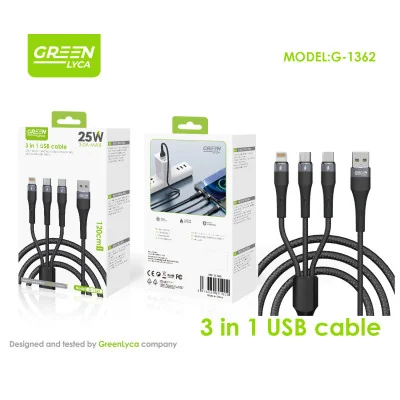 Cable 3 en 1, de A, microUSB, Lightning, Tipo C, Green Lyca G-1362