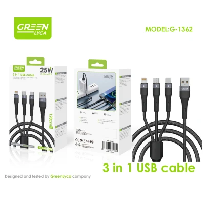 Cabo 3 em 1 Green Lyca G-1362 | 25W 3.0A | 120cm