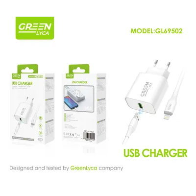 Cargador USB-A 3.0A con Cable Lightning Green Lyca GL69502