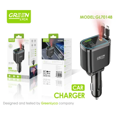 Carregador de carro inteligente retrátil 4 em 1 Green Lyca GL70148, 22,5W