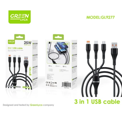Cable USB 3 en 1 de carga rapida 25 W, Lightning/microUBS/tipo-C, s...