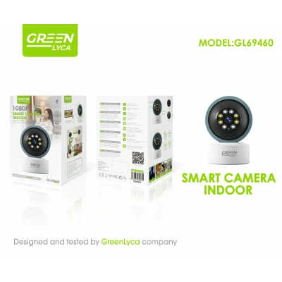 Câmera Wi-Fi sem fio Lyca GL69460 para ambientes internos, na cor verde, com rotação horizontal de 355° e inclinação de 60°, res