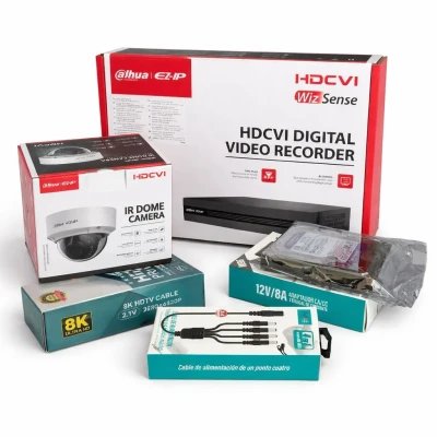 Pacote de videovigilância 4K: Gravador, 4 câmeras de 5MP, disco rígido de 1TB e acessórios, DAHUA
