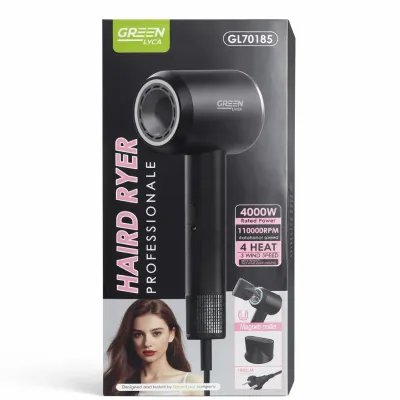 Secador de pelo profesional, 4000 W, 110000 rpm, 3 velocidades, 4 niveles de temperatura, Green Lyca GL70185.