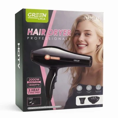 Secador de cabelo profissional, 2000 W, 18000 rpm, 2 velocidades, 3 temperaturas, verde Lyca GL70187.