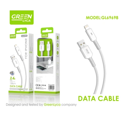 Cabo USB para Lightning Lyca GL69698 Verde | Carregamento rápido de 2,4 A e transferência de dados, 120 cm, para iPhone