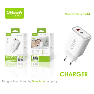 Carregador Rápido USB-C PD 45W + USB QC 3.0 Green Lyca GL70244 | Adaptador de Carregamento Rápido para Móvel, Tablet e Portá