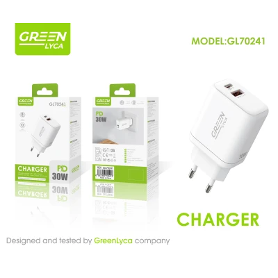 Carregador Rápido USB-C PD 30W + USB QC 3.0 Green Lyca GL70241 | Adaptador de Carregamento Rápido para Móvel, Tablet e Dispositi