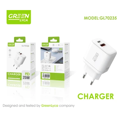 Quick Charger USB-C PD 25W + USB QC 3.0 Green Lyca GL70235 Quick Charge Adapter for Mobile, Tablet and USB Devices