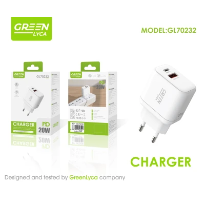 Chargeur Rapide USB-C PD 20W + USB QC 3.0 Green Lyca GL70232 & #160; Adaptateur de Charge Rapide pour iPhone, Android et Tablets