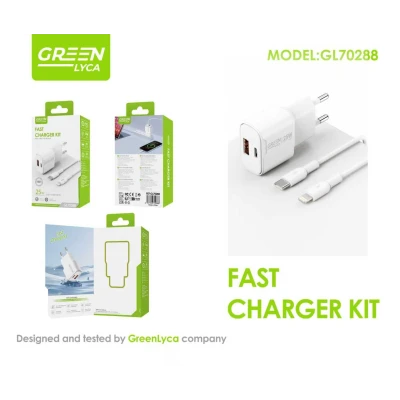 25W USB-C PD + USB QC 3.0 Fast Charger with USB-C to Lightning Cable Green Lyca GL70288 | iPhone Charging Kit wholesale | M2TEC 