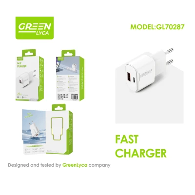 Carregador Rápido USB-C PD 25W + USB QC 3.0 Green Lyca GL70287 | Adaptador de Carregamento Rápido para iPhone, Android e Table