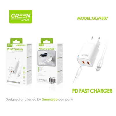 Carregador rápido Power Delivery de 33 W com USB-C + USB-A e cabo USB-C incluído, verde, Lyca GL69507