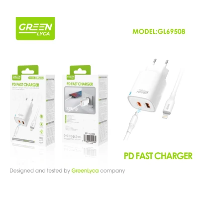 Chargeur rapide 33W USB-C + USB-A Power Delivery avec Cable Lightning Inclus Green Lyca GL69508 grossiste M2TEC