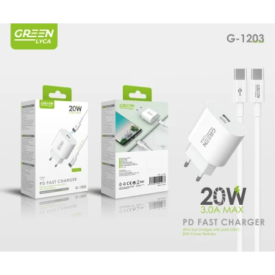 Cargador Rápido 20W USB-C Power Delivery con Cable USB-C Incluido Green Lyca G-1203