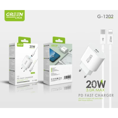 Carregador Rápido 20W USB-C Power Delivery com Cabo Lightning Incluido Green Lyca G-1202 por grosso | Grossista M2TEC