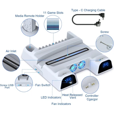 DOBE Multifunctional Stand for PS5 and PS5 Slim with Cooling Fan and Dual Controller Charging
