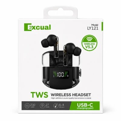 Auriculares Inalámbricos TWS Excual LY121 Bluetooth 5.3 USB-C con Pantalla Digital LED Negra