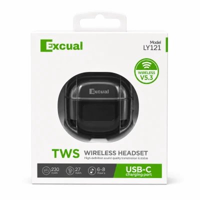 Auscultadores TWS sem fios Excual LY121 Bluetooth 5.3 USB-C com ecrã LED preto