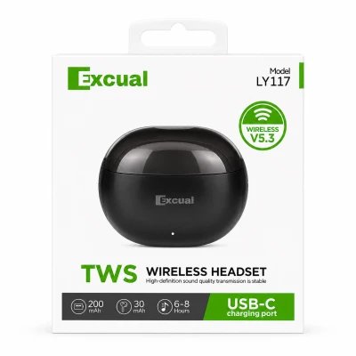 Fones de ouvido sem fio Excual LY117 TWS Bluetooth 5.3 USB-C com estojo de carregamento