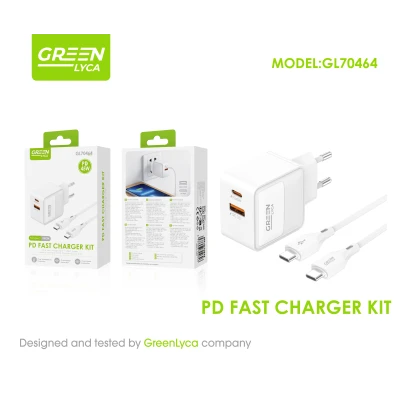 Kit carregador rápido GreenLyca GL70464 45W PD + QC 3.0 com cabo USB-C para USB-C 100 cm