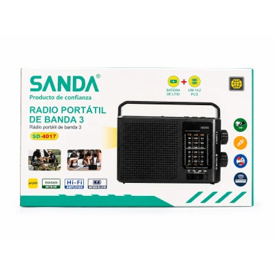 Rádio portátil Sanda SD-4017, 3 bandas AM/FM/SW, com USB, Bluetooth e bateria de lítio.