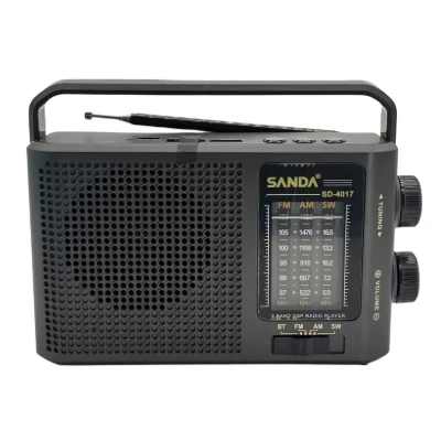 Rádio portátil Sanda SD-4017, 3 bandas AM/FM/SW, com USB, Bluetooth e bateria de lítio.