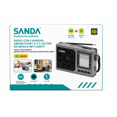 Rádio Sanda SD-4045 de 8 bandas AM/FM/TV/SW com USB, TF e MP3