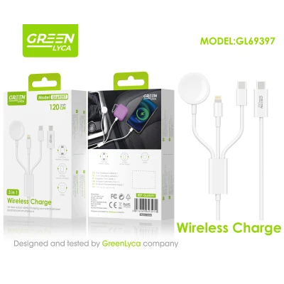 Cabo de carregamento sem fio 3 em 1 GreenLyca GL69397 USB-C para iPhone, AirPods e smartwatch