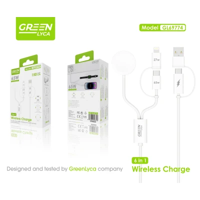 Cable de Carga Inalámbrica 6 en 1 GreenLyca GL69774 65W USB-C Lightning y Smartwatch